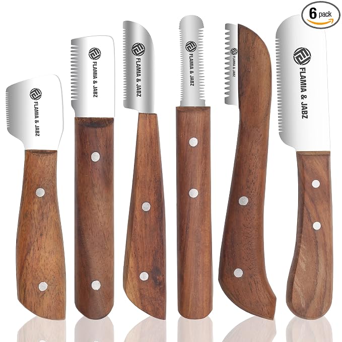 FLAMIA & JABZ FJ Professional Stripping Knife kit (6 pieces set) for Dogs & Pets, Wooden Handle Grip with Stainless Steel Blade (Right handed) (Rosewood)