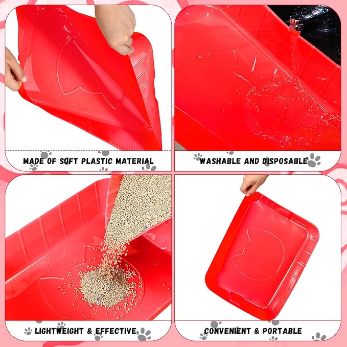 Bokon 25 Count Disposable Litter Box for Cat, Large Disposable Litter Tray for Travel Home Durable Portable Plastic Kitty Litters Boxes Leak-Resistant Easy-Grip Rim, 15.7 x 11.8 x 3 Inches(Red)