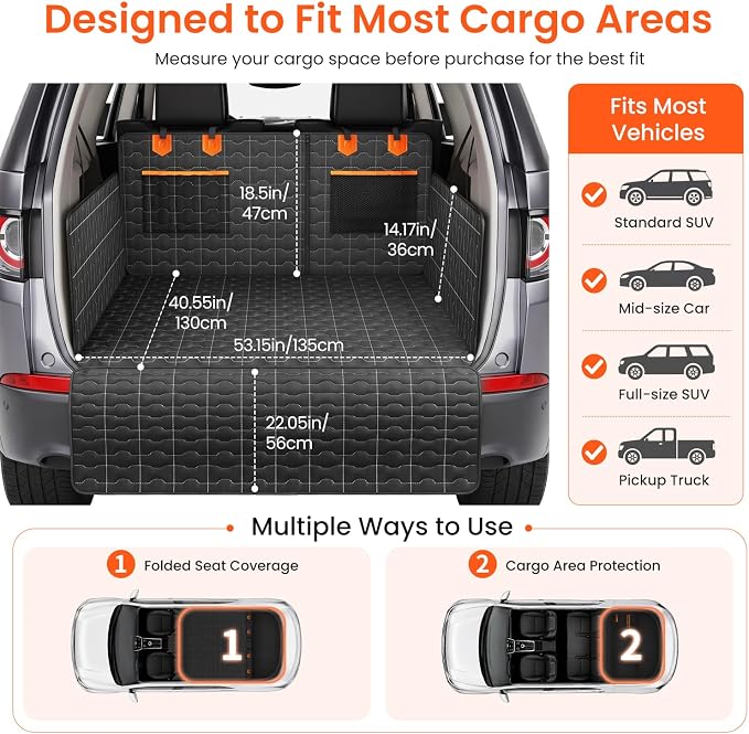 IJVAE SUV Cargo Liner for Dogs, Waterproof Dog Trunk Cover with Bumper Flap Protector, Pet Cargo Mat for SUVs Sedans Vans, Non-Slip Scratchproof Dog Seat Cover，Large Size Universal Fit, Black