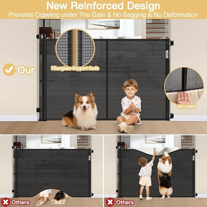 Reinforced 42" Tall Pet Gate 55" Wide Retractable Baby Gate, Indoor/Outdoor | Tall Retractable Dog Gate Prevents Crawling Under, One-Hand Operation Safety Lock, Scratch-Resistant Mesh, Easy Install/Black
