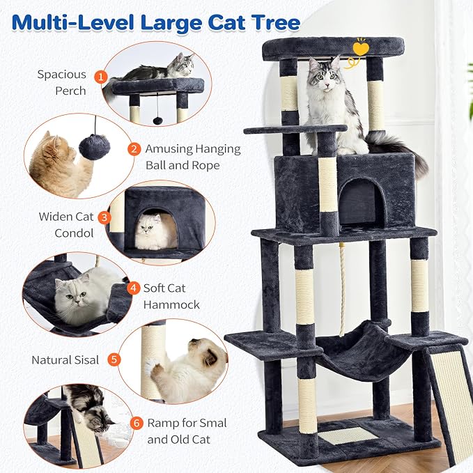 ABCPET 63" Multi-Level Cat Tree Tower for Indoor Cats, Dark Grey | 63" multi-level cat tower with sisal scratch posts, cat condo, hammock, dangling toy & wide perch for indoor cat rest & play