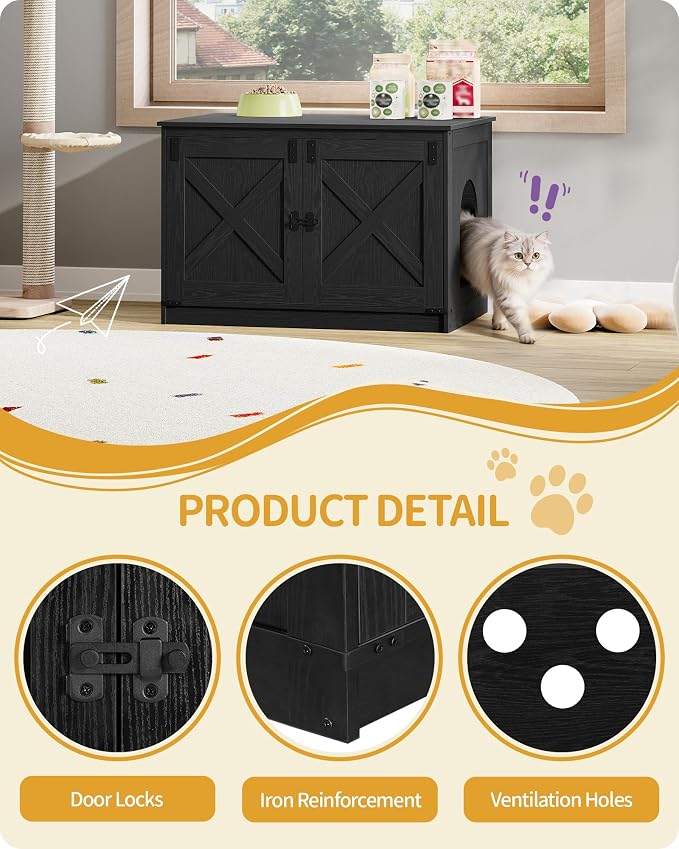 Hzuaneri Cat Litter Box Enclosure, Hidden Litter Box Furniture with Divider | Wooden Cat Cabinet with Removable Dividers, Reversible Entrance Left or Right Side, Cat Washroom, Black CB84604X