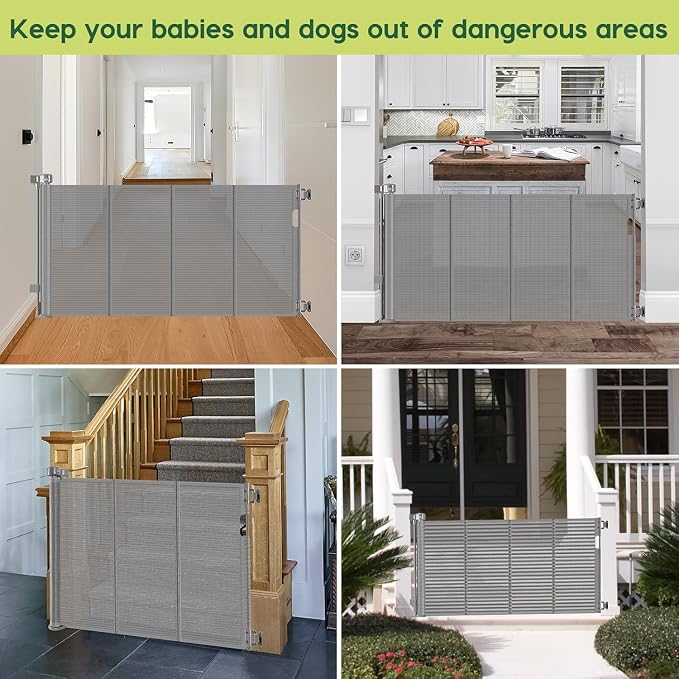 2 Pack Reinforced 55" Wide Retractable Dog Gate with Support Rods, 33" Tall Retractable Baby Gate for Dogs, No Sag and Wrinkle Mesh Child Gates for Doorways, Indoor Pet Barrier Stair Gates for Kids