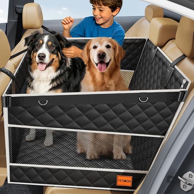 PETICON XL Large Dog Car Seat, Back Seat Extender for Pets with Hard Bottom | Waterproof Pet Carseat for Large/Medium Dog, Mesh Windows, Large Pocket, One-Piece Base Plate, Dog Hammock for Cars/SUV/Truck