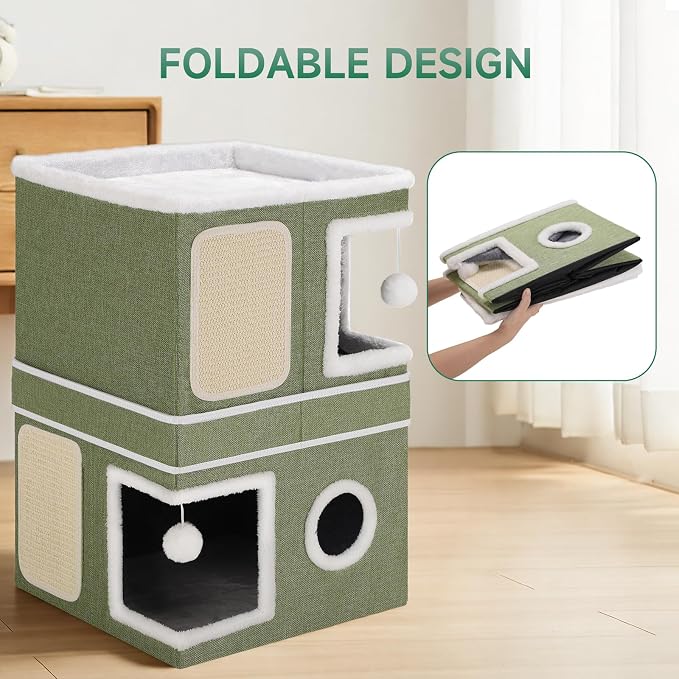 Shikha 2 Story Cat House beds for Indoor Cats with Scratch Pads Green | 2 in 1 Dual Use Double Cat Bed Cave for Multiple Pets Kitten, Elevated Perch for a Wide View, All Season Reversible Cushion
