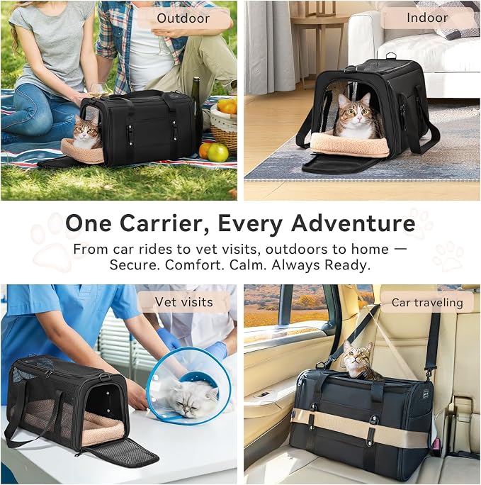 PETSFIT Cat Carrier Soft with Patented Safety Buckles, Safe for Car Travel | Lockable Zippers, Safety Tether, Escape-Resistant Pet Carrier for Vet Visits, Airline Approved Under-Seat, Up to 12 lbs