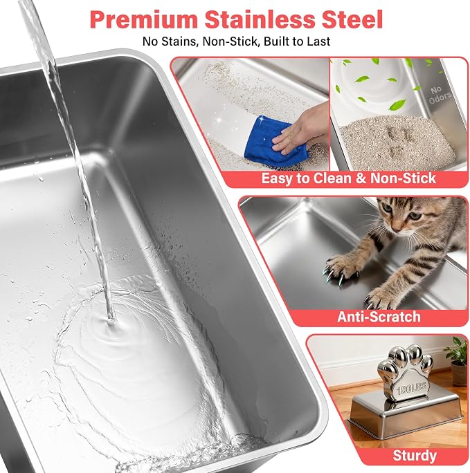 Extra Large XL Stainless Steel Litter Box with Lid, Light Grey | Front Entry Top Exit, Include Scoop and Mat, Odor-Free, Anti-Urine Leakage, Non-Sticky, Easy Cleaning