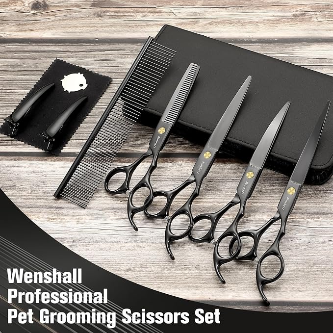 Wenshall Professional Dog Grooming Scissors Set, 7.0 Inch Titanium Straight & Thinning & Curved scissors and Comb for Dog grooming (Black)