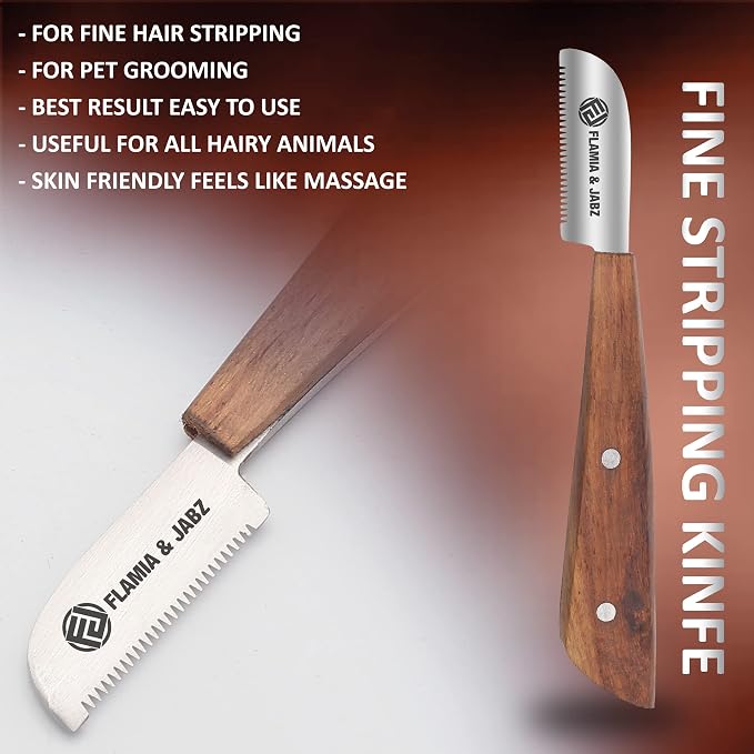 FLAMIA & JABZ FJ Professional Stripping Knife kit (6 pieces set) for Dogs & Pets, Wooden Handle Grip with Stainless Steel Blade (Right handed) (Rosewood)