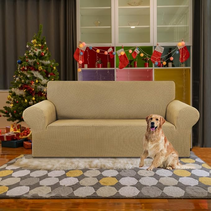 Stretch Loveseat Couch Cover, 2 Cushion Couch Slipcover,Tan | 1-Piece Washable Sofa Cover Pet Friendly (55"-78") Furniture Protector Soft Jacquard, Elastic Bottom for Dogs & Kids