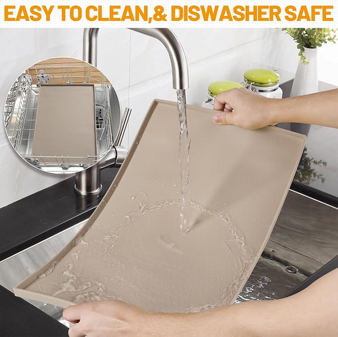 Hubulk Dog Feeding Mat,100% Waterproof Food Grade Silicone Pet Food and Water Bowl Placemat,Dishwasher, High Raised Edge to Prevent Spills,Nonslip Tray to Stop Messes on Floor（28"x18"x0.8", Taupe）