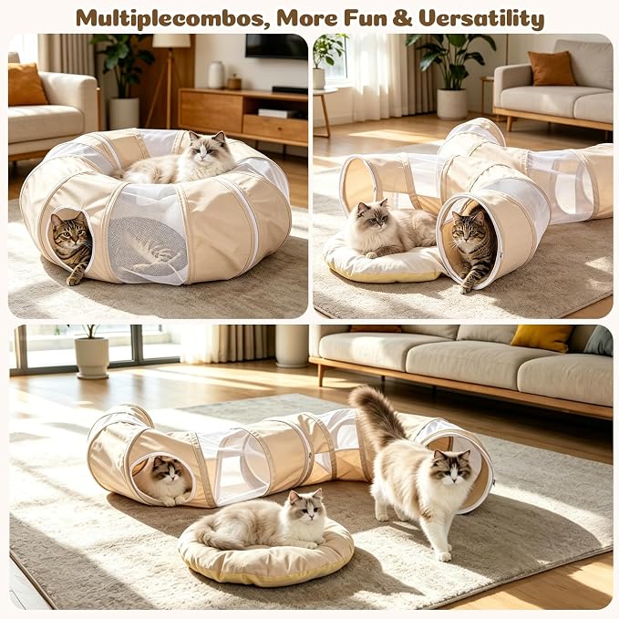 Ownpets Collapsible Cat Tunnel Toy - 2-in-1 Interactive Play Tunnel for Cat up to 18 lbs, Tear-Resistant Mesh, Fold to 2 Inches Thick, Portable Cat Exercise & Entertainment Tunnel, 12" Diameter, Khaki