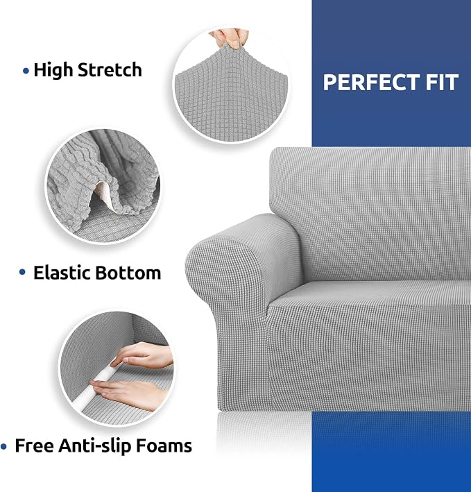 Stretch Oversized Couch Covers for Sofa Slipcover,Silver | 1-Piece Washable Sofa Cover (94"-110") 4-Seater Furniture Protector, Soft Jacquard Non-Slip Elastic Bottom for Dogs & Kids