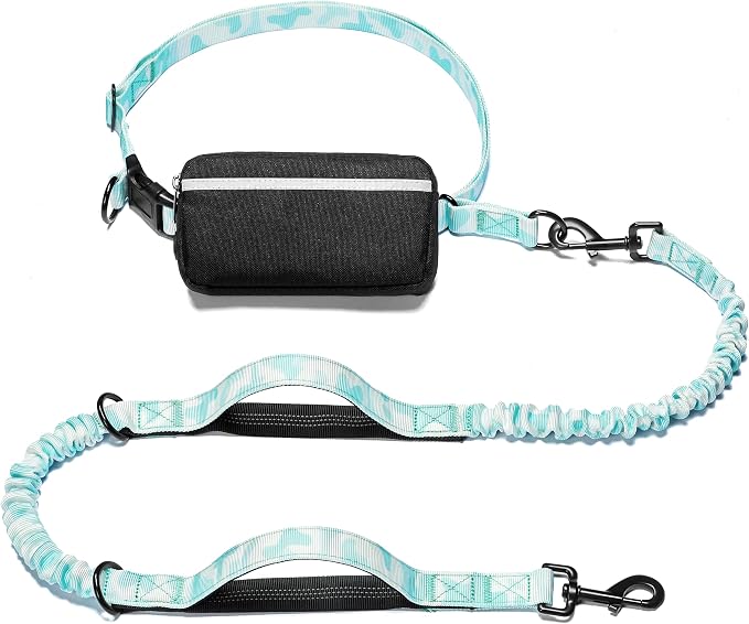 iYoShop Hands Free Dog Leash with Zipper Pouch, Dual Padded Handles and Durable Bungee for Walking, Jogging and Running Your Dog (White-Blue Mix, Large)