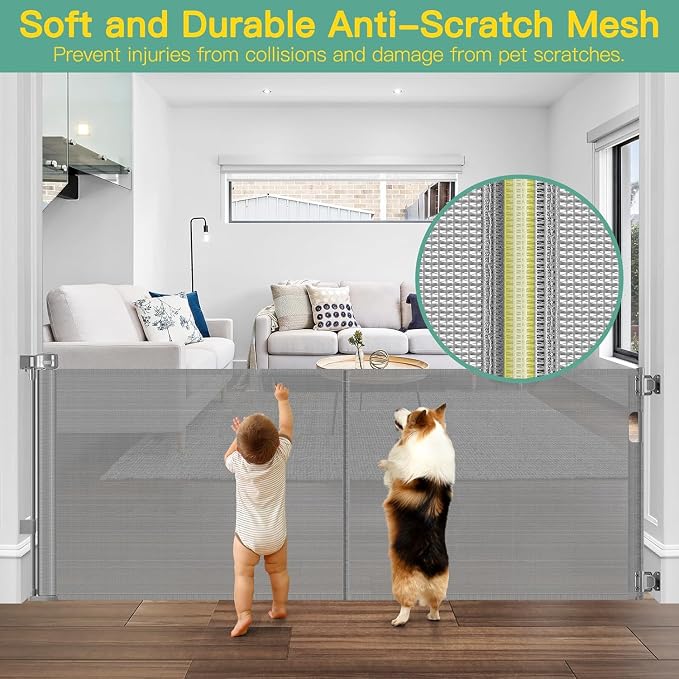 Upgraded 60" Wide Retractable Dog Gate with Reinforced Rods - Bottom Anti-Escape, 5 ft Retractable Baby Gates for Doorways Retractable Gates for Dogs Indoor/Outdoor Retractable Pet Gate, Gray | Space-Saving Indoor/Outdoor Retractable Gate, One-Hand Ope...