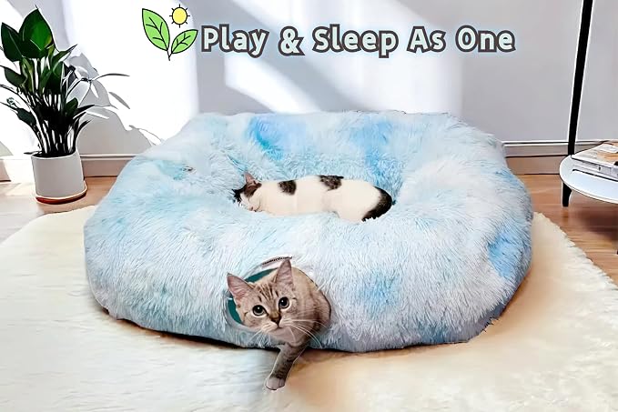 XxingSheep XL Cat Tunnel with Bed for Indoor Cats Peekaboo Cat Cave Donut Toy with Warm Mat,Azure Blue