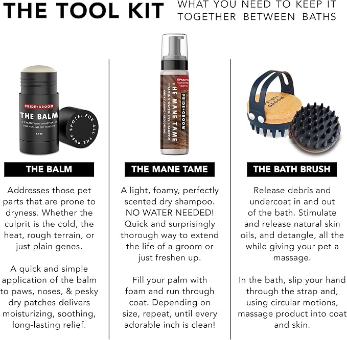 Pride and Groom The Tool Kit – Dog Grooming Gift set of 7.1oz of Foaming Waterless Shampoo, 2.5oz of Moisturizing Balm, and a Versatile Brush to Cleanse, Moisturize, Detangle and More in Between Baths