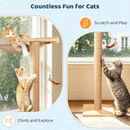 46" Tall Cat Scratching Post with Window Perch | Natural Linen Mat, 3-Piece Detachable Sisal Posts, Drill-Free Suction Cup Mount, Elevated Privacy Hammock, 45 LBS Capacity