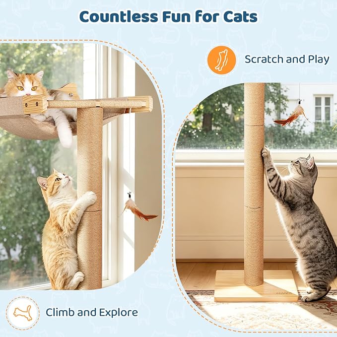 46" Tall Cat Scratching Post with Window Perch | Natural Linen Mat, 3-Piece Detachable Sisal Posts, Drill-Free Suction Cup Mount, Elevated Privacy Hammock, 45 LBS Capacity
