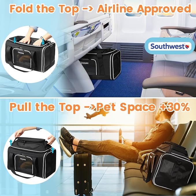 Petskd Top-Expandable Small Pet Carrier 18"x13"x9.5" Airline Approved | for Southwest Airlines, Lockable Safety Zippers and Anti-Scratch Mesh, Soft-Sided, Pets Under 10 Lbs, Black