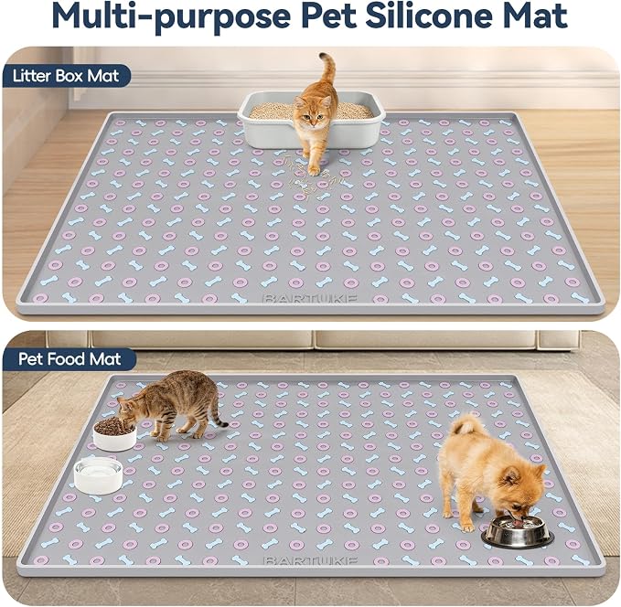 Silicone Cat Litter Mat 40" x 28" Cat Mat for Litter Box, Light Grey | Extra Large Litter Box Mat, Waterproof Cat Litter Trapping Mat, Non-slip, Leakproof Kitty Litter Mat with Bone Pattern