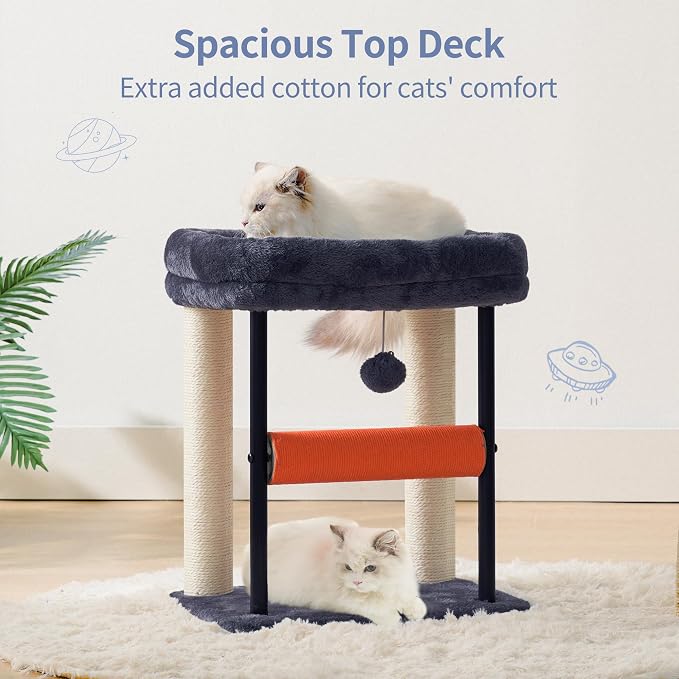 Hey-brother Cat Tree, Sturdy Tower with Sisal-Wrapped Columns, MPJ010SG | 18.9 Inches Cats Scratching Posts with Bed, Plush Toy Ball for Indoor Kittens, Smoky Gray