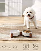 MALACASA Dog Bowl Set, Ceramic Bowls with Walnut Wood Stand, 1.5 Cups | Five-leaf grass and honeycomb design, non-slip base, for cats and dogs, about 26% heavier than similar ceramic bowls
