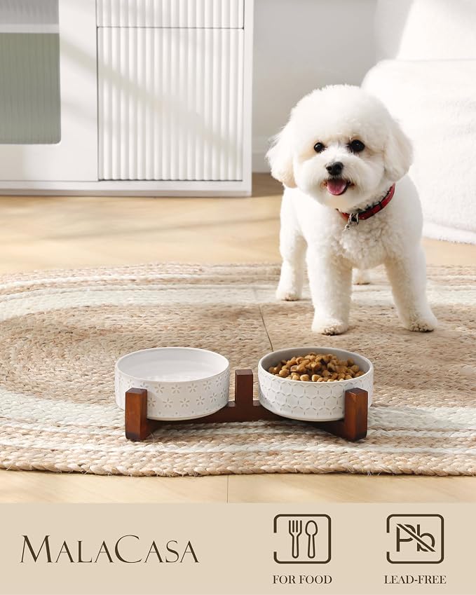 MALACASA Dog Bowl Set, Ceramic Bowls with Walnut Wood Stand, 1.5 Cups | Five-leaf grass and honeycomb design, non-slip base, for cats and dogs, about 26% heavier than similar ceramic bowls