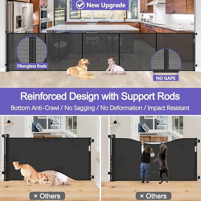 Reinforced 42" Tall Pet Gate 96" Wide Retractable Baby Gate, Indoor/Outdoor | Tall Retractable Dog Gate Prevents Crawling Under, One-Hand Operation Safety Lock, Scratch-Resistant Mesh, Easy Install/Black