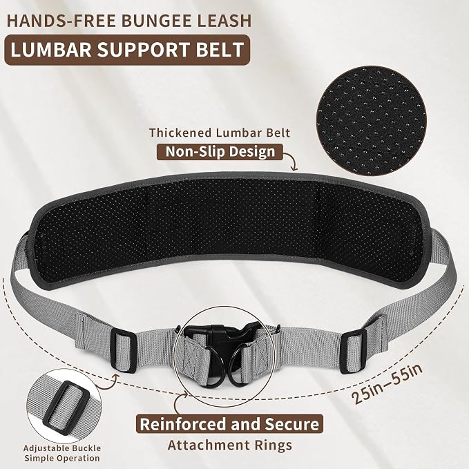 Hands Free Dog Leash for One Dog Up to 125 lb, Waist Pouch, Lumbar Support | Reflective bungee leash with adjustable 25-55 in belt. Walk, run, hike, or train one dog up to 125lbs. Gray.
