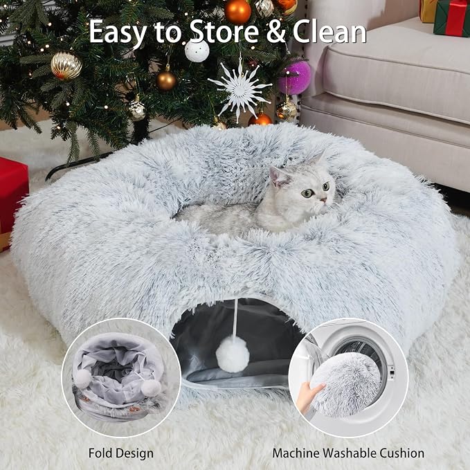 Cat Tunnel Bed for Indoor Cats, Under Christmas Tree Skirt, Donut Tunnel Toys for Multiple & Large Cats, Bed Cave Hideaway for Kitten, Rabbit, Puppy, Gray