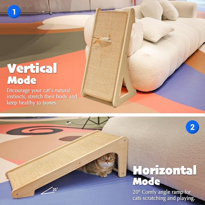 PETKARAY Cat Scratcher, Sisal Cat Scratching Ramp, L Shape Scratch Pad for Indoor Kitty, 27" Wall Furniture Protector with Mouse Toy