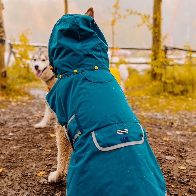 Wilderdog Dog Jacket Waterproof Raincoat with Breathable Interior, Removable Hood, Torso Strap, Secure Closures, Back Pocket and Two Hanging Loops, Foldable into Back Pocket