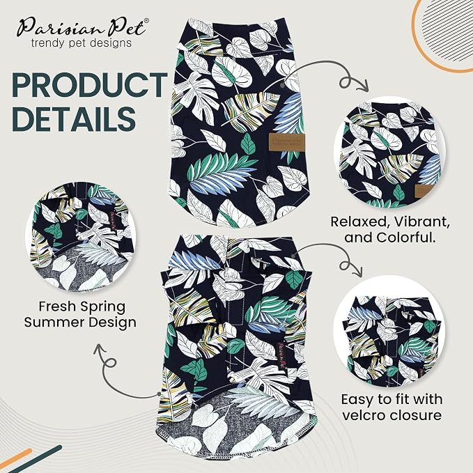 Parisian Pet Palm Leaves Dog Shirt - Cotton Clothes for Medium Dogs - Stylish Tropical Dog Outfit - Lightweight and Soft Puppy Clothes - Trendy Tshirts for Dogs - Comfortable Summer Camp Pet Apparel