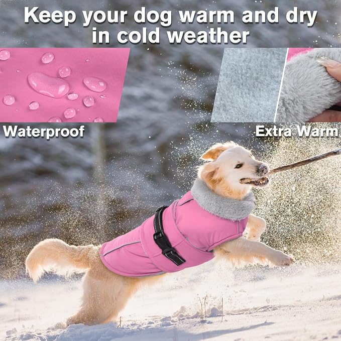 Lelepet Dog Coats for Large Dogs Waterproof Dog Jacket with Adjustable Fit | Reflective Pet Fleece Vest Hook & Loop Windproof Cold Weather Coats with Adjustable Buckle & Leash Hole, Pink, XXL