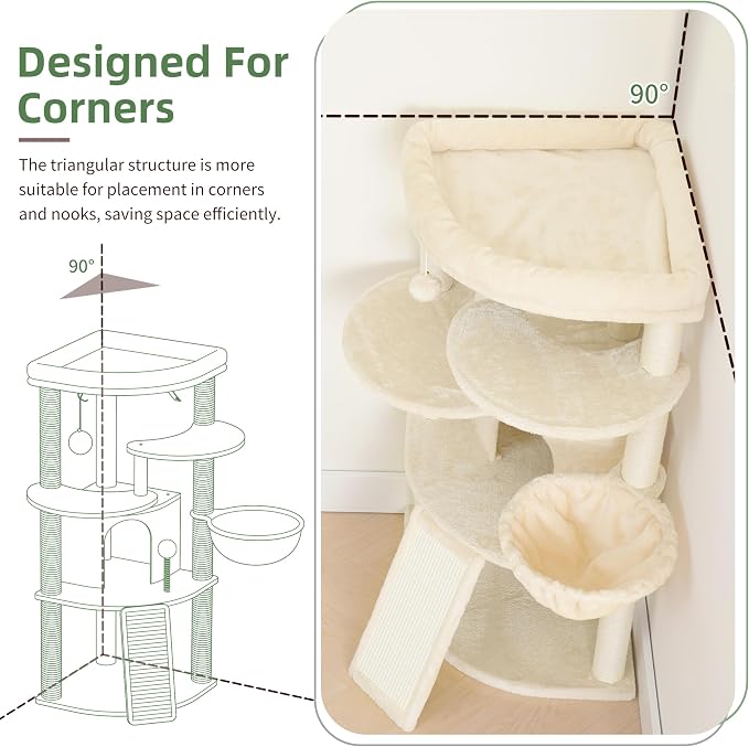 Gitelsnour Corner Cat Tree Tower with All Sisal Scratching Posts GCT025MU | 44.1" Cat Furniture with Multi-level Cat Condo, Cat Cave, Hanging Basket, Sisal Scratching Ramp for Indoor Cats, Beige