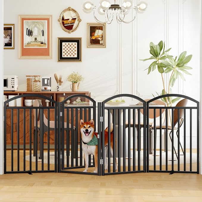 Foldable Pet Fence 96" Wide, 32" Tall,No-Assembly Dog Gate with Door,Black | 4 Panels Metal Folding Freestanding Dog Gate Walk Through,Extra Accordion Puppy Folding Playpen for Doorways, Stairs,House