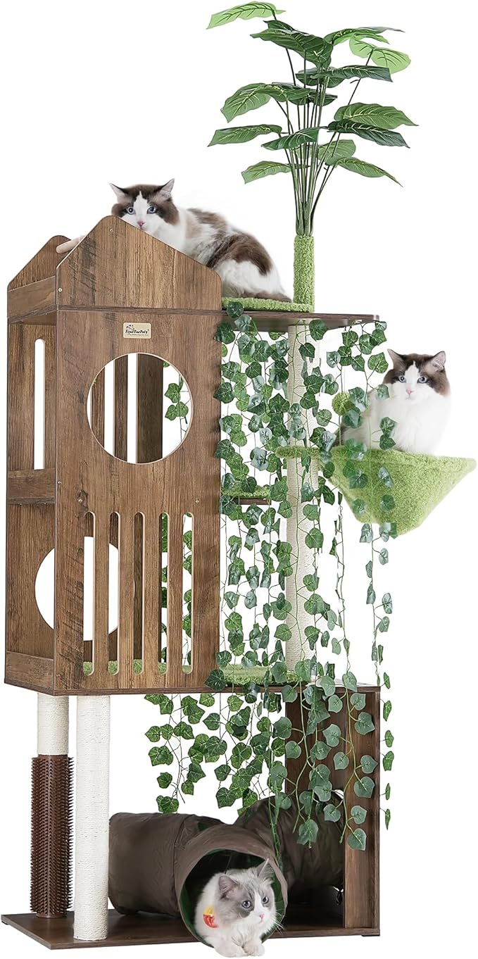 FourFurPets Large Cat Tree with Leaves, 72.8-Inch Cat Tower for Indoor Cats, Modern Cat Tree with Scratching Post, Large Perch, Tunnels, Swing Ball, Self Groomer, Greige