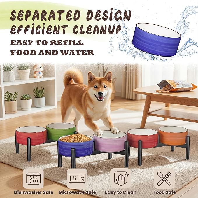 Ceramic Elevated Dog Bowl Set, 6.1''Raised Dog Food and Water Bowl Set with Non-Slip Stainless Steel Stand, Double Raised Dish for Small and Medium Breed, 3.5 Cups / 22 Fl Oz,- Christmas Set