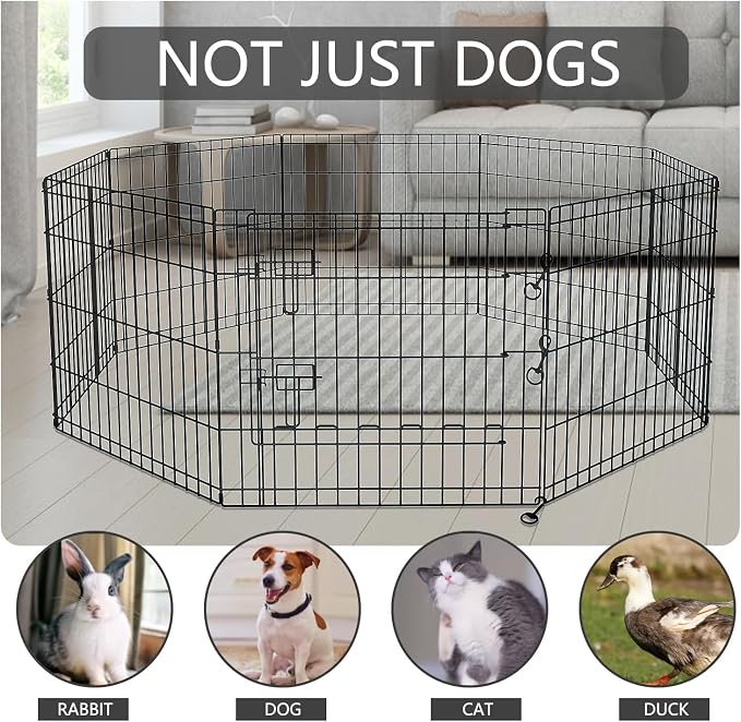 PETIME Foldable Metal Dog Exercise Pen/Pet Puppy Playpen Kennels Yard Fence Indoor/Outdoor 8 Panel 24" W x 24" H with Top Cover
