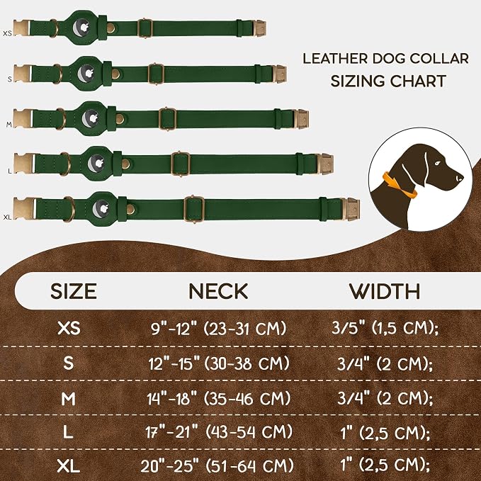 AirTag Dog Collar - Genuine Leather Dog Collar with Apple AirTag Holder and Metal Buckle - Smart GPS Tracking Pet Collars (Dark Green, XS, 9"-12" Neck Fit)