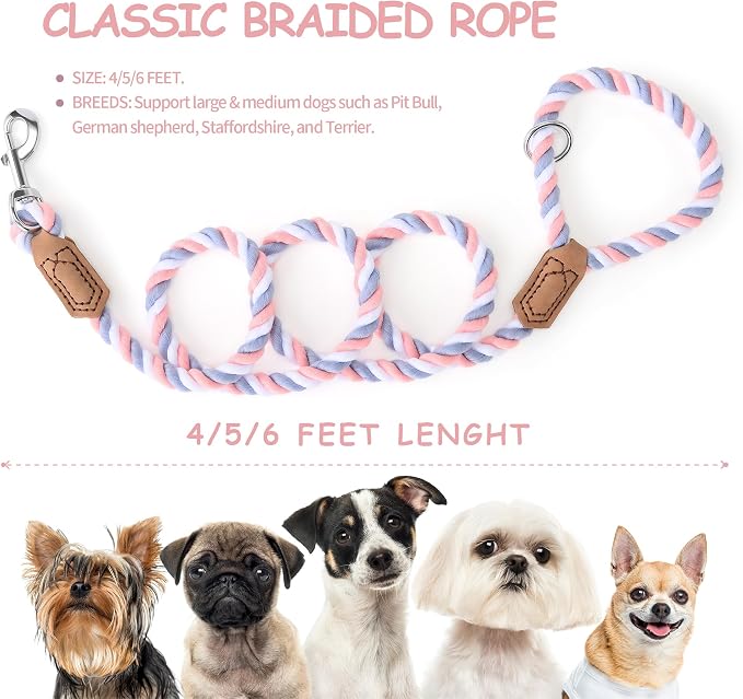 Mile High Life Rainbow Dog Leash Braided Cotton Rope w Leather-Wrapped Ends | Rust-proof 360° swivel clasp, Heavy-duty for medium/large breeds. Great for weddings, daily walks (4FT, 1/2", Pink/Purple)