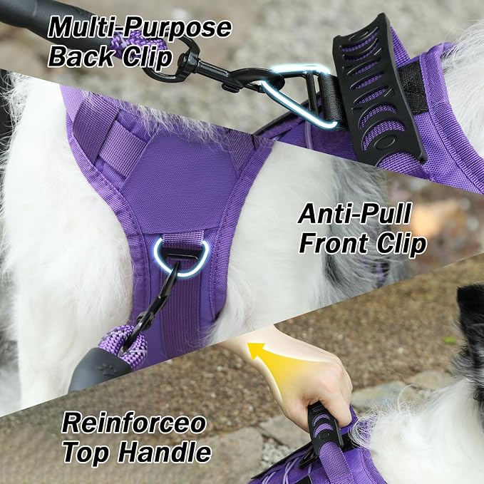 No Pull Tactical Dog Harness Medium Sized Dog, Service Dog Vest, M, Purple | Tactical Dog Vest Harness and Leash Set, Adjustable Military Service Dog Harness with Handle for Medium Large Dogs