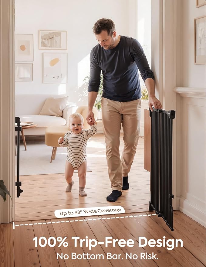 Babelio Removable Baby Gate for Stairs No Bottom Bar, 29-43", 30" H, Black | Hardware Mounted (Drill Needed)| Wide Walk-Thru| Auto-Close Safety Dog/Pet Gate for Stairs & Doorways