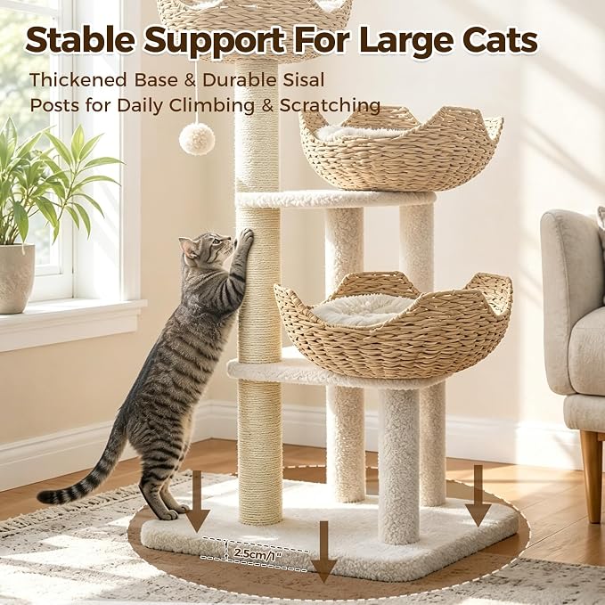 PAWZ Road Modern Cat Tree with Baskets, 44" Cat Tower for Indoor Cats,White | 3 rattan baskets (φ15.7") with thick cushions, sturdy base cat tree for large indoor cats, multi-level climbing resting space