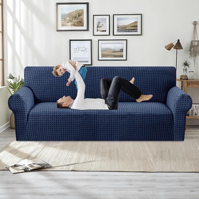 MAXIJIN Stretch Couch Cover Sofa Covers for 3 Cushion Couch (71"-91" Washable Sofa Slipcovers with Non-Slip Foam & Elastic Strap, Dog Cat Pet Friendly Furniture Protector (Large, Navy Blue)