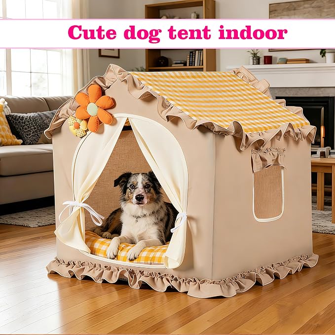 Yellow Indoor Dog House with Frame and Princess Style Cat Houses for Indoor Cats, Washable Cat Bed & Cat Tent, L Size (25x25x25 Inches) for 18-40 lbs. Pets.