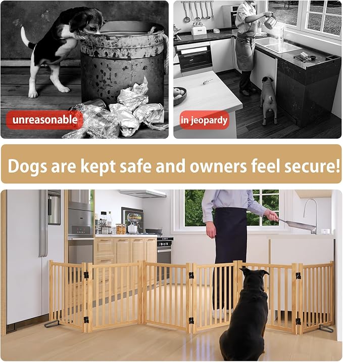 Wooden Freestanding Dog Gate Indoor - 23" H 6 Panels | Foldable Nature Wood Pet Gates for Doorways, No-Painted Doggie Fence for Stairs, Hallways