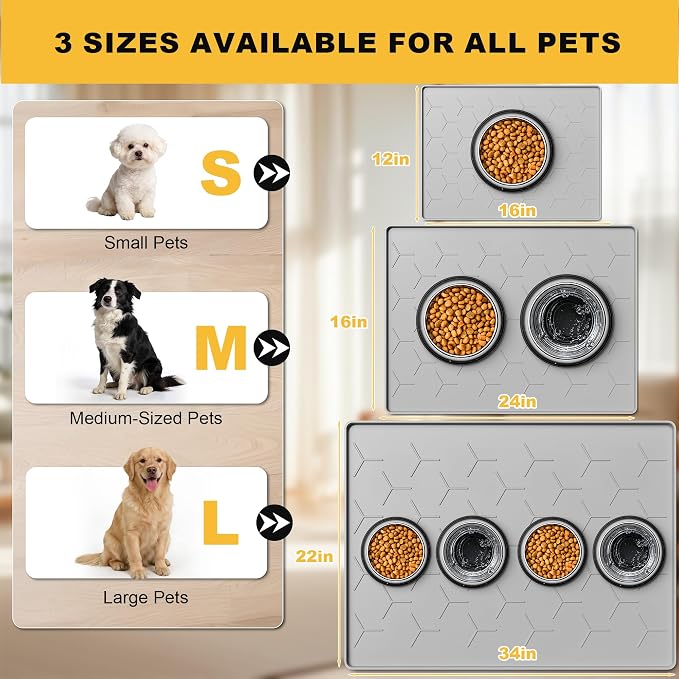 Pieviev Silicone Dog Cat Food Bowl Mat, Waterproof Raised Edge, 24'' x 16'' | Food-Grade Bpa-Free Pet Food Mat, Waterproof & Non-Slip, Raised Edges Contains Spills & Drips, Fits Pet Bowls and Fountains