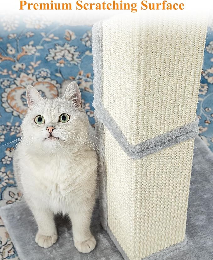 Karolpar 32" Cat Scratching Post for Indoor Cats, Sisal Cat Scratcher with Plush Perch, Large Scratch Post with Bed, Removable Cover, Sisal Fabric,Light Grey | Natural Sisal Cat Scratcher Tower, Large Scratch Post with Bed, Cat Tree with Removable Cover